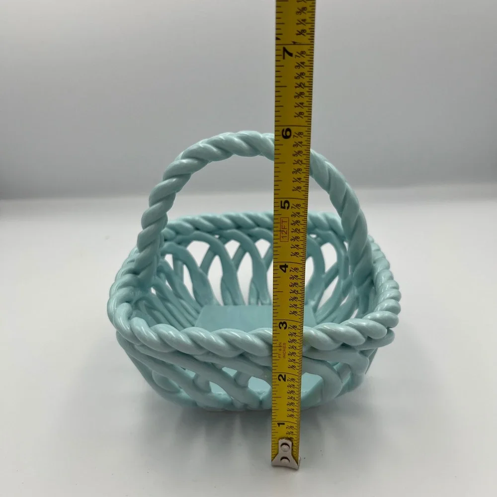 Grace Pantry Blue Ceramic Hand Woven Basket‎ Candy Dish Trinket Bowl